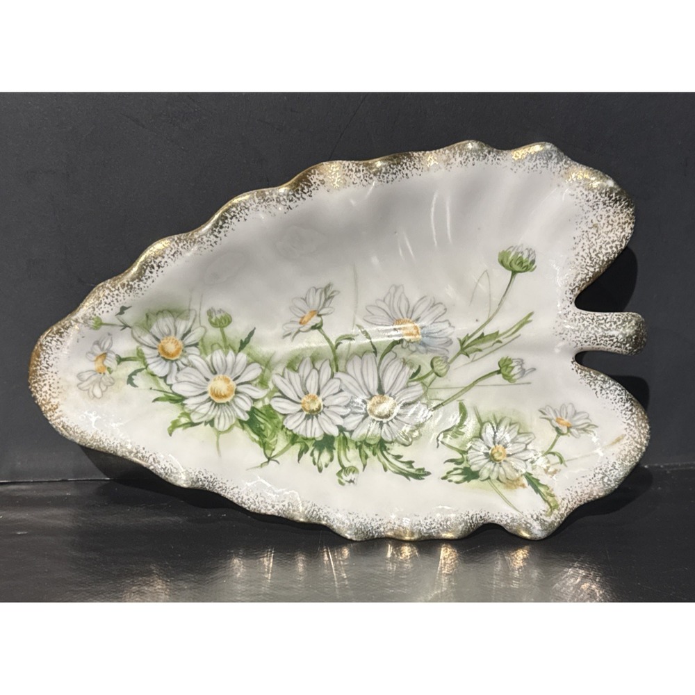 Royal Crown Daisy Bouquet Green‎ White Gold Hand Painted Leaf Dish #3191